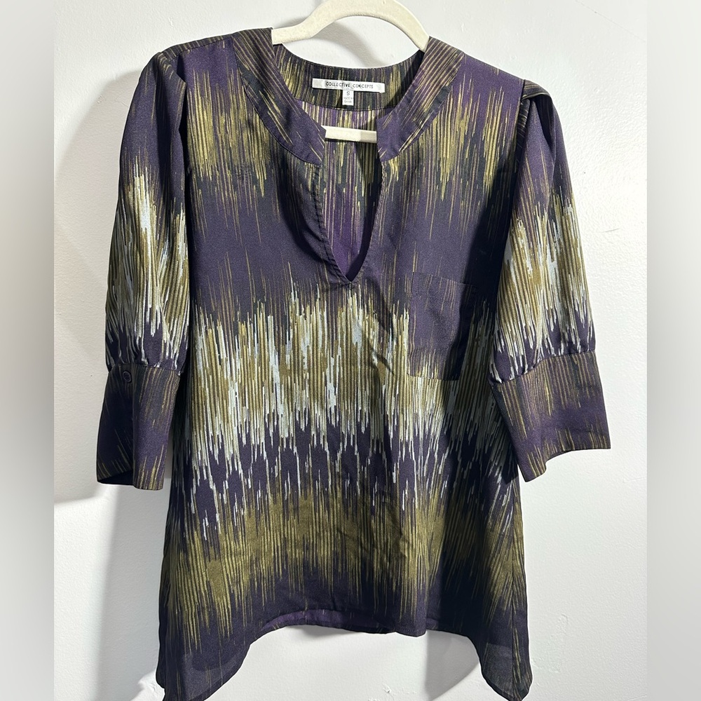 Collective Concepts Women's S Purple Green 3/4 Sleeve V-neck Blouse | SKU 0946